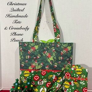 FESTIVE HOW THE GRINCH STOLE CHRISTMAS QUILTED HANDMADE TOTE & CROSSBODY PHONE P